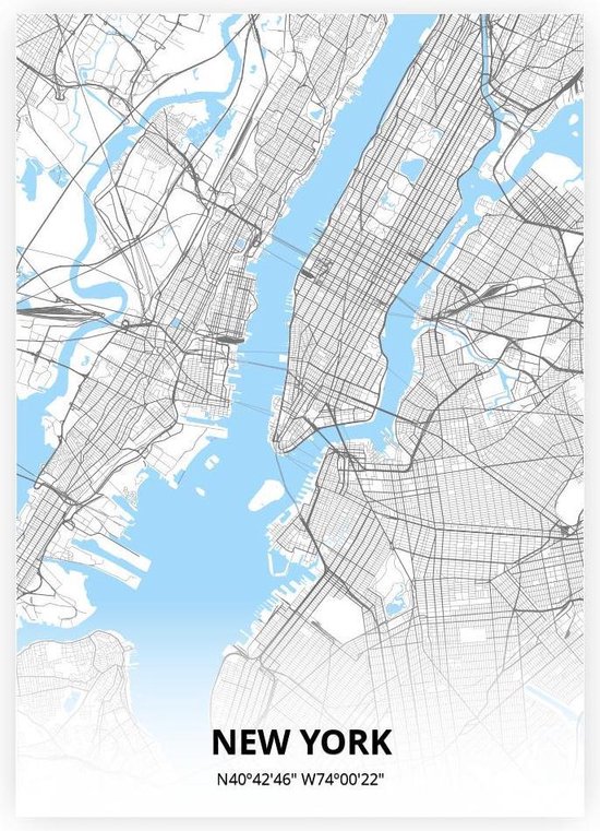 New York plattegrond - A4 poster - Zwart blauwe stijl