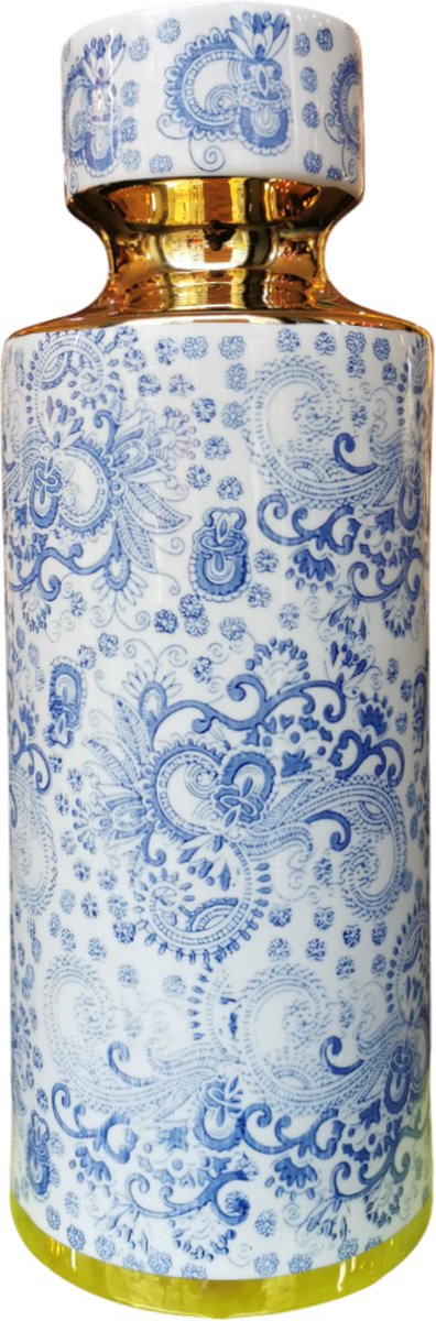 Fine Asianliving Chinese Vaas Porselein Blauw Wit Goud Handgemaakt D15xH33cm Blauw, Wit, Goud