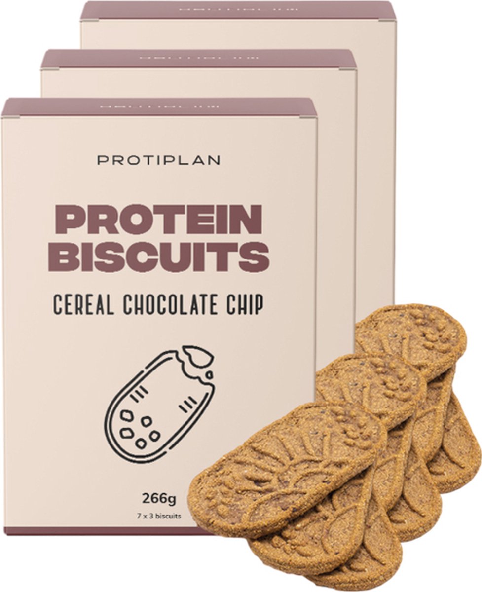Goedkoopste Protiplan | Ontbijt Biscuit Chocolate Chip | 3 stuks | 3 x 7 x 38 gram (21 biscuits) | Low carb snack | Eiwitrepen | Koolhydraatarme sportvoeding | Afslanken met Proteïne repen | Snel afvallen zonder hongergevoel!