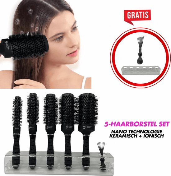 Brosse sèche-cheveux ionique et en céramique Nano Technologie Guardian Beauty – Zwart – Set de 5 avec nettoyeur de brosse et support gratuits – Haute qualité, durable, convient à tous les types de cheveux