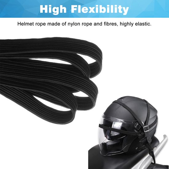 Zwarte, hoog-elastische nylon helmband met gespen, rond een zwarte helm op een motor.