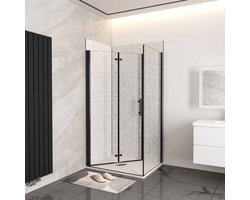 90x90x185cm douchecabine met inklapbare vouwdeur en vaste zijwand, 6mm helder EasyClean veiligheidsglas,mat zwarte aluminium frame