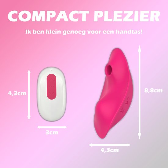 Afmetingen van roze clitoris stimulator (8.8x4.3x4.3cm) en witte afstandsbediening (4.3x3cm). Tekst: Compact plezier.