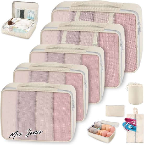 Foto: Mrs jones 10 delig koffer organizerset packing cubes compressie voor rugzak en koffer pakzakken voor koffer pakkubus compressie reizen voor kleding schoenen ondergoed beige 