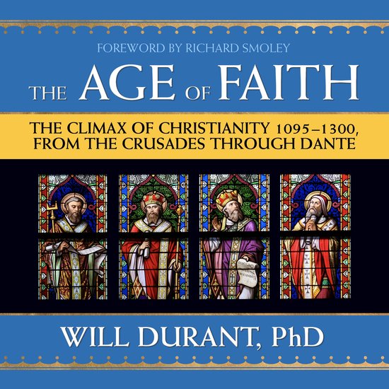 Boekcover "The Age of Faith" met religieuze glas-in-loodfiguren en tekst.