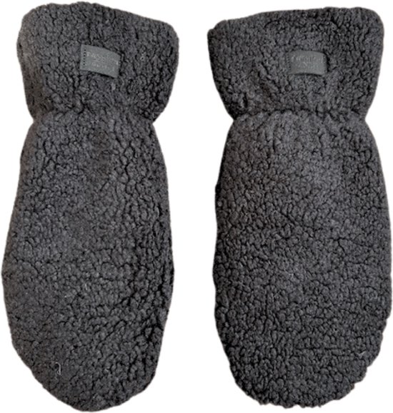 Donkere, teddy-achtige wanten met een grijze merkstrip aan de bovenkant.
