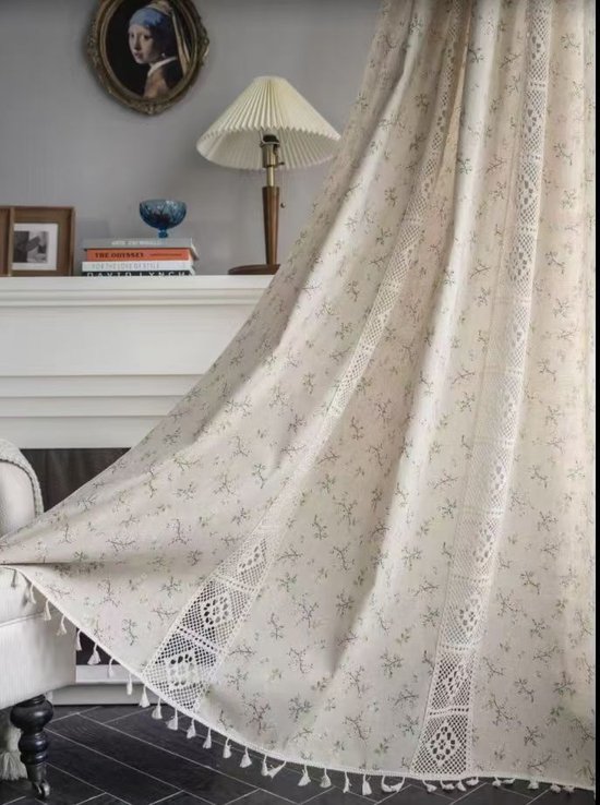 Floraweg Boho Rideaux à crochets en kanten patchwork semi-occultant imprimé floral bohème, pompons faits à la main, passe-tringle, traitement de fenêtre, rideaux de ferme rustiques vintage pour salon, chambre à coucher, 150 x 220 cm, imprimé floral