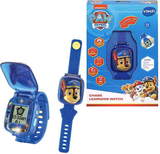 Een blauwe Paw Patrol leerhorloge met openklapbaar scherm en een losse band, beide met Chase.