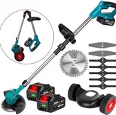 Bol.com Grasmaaier elektrisch - Grasmaaier accu - Grastrimmer - Opvouwbaar - Draadloos - 2x 18V batterij - lichtblauw aanbieding