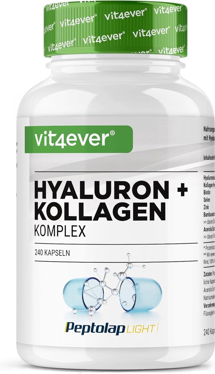 Goedkoopste Hyaluronzuur-collageencomplex - 240 capsules - Premium Met bioactieve biotine, selenium, zink, natuurlijke vitamine C uit acerola & silicium uit bamboe - Vit4ever