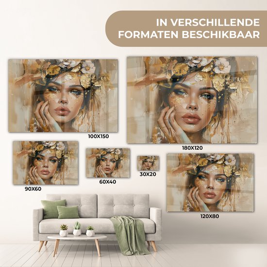 MuchoWow® Peinture sur verre 120x80 cm - Peinture sur verre acrylique - Femme - Fleurs - Or - Portrait - Photo sur verre - Décoration murale salon - Décoration murale chambre - Peintures
