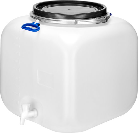 Wit kunststof vat met een kraantje, zwarte deksel met blauwe sluitingen en maataanduiding.