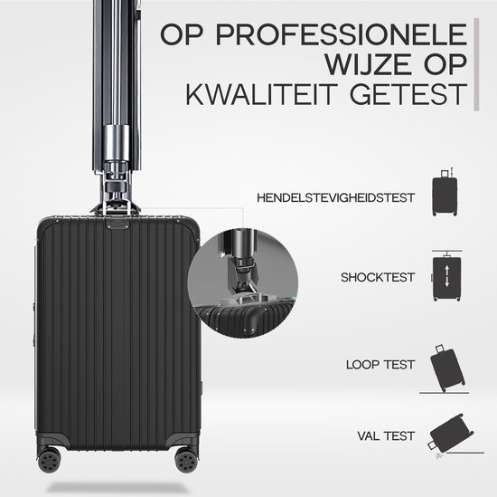 Zwarte koffer ondergaat kwaliteitstesten: hendelstevigheid, shocktest, loop test en val test.
