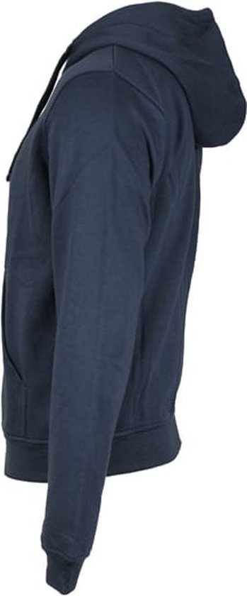 Donkerblauwe hoodie, gezien vanaf de zijkant.
