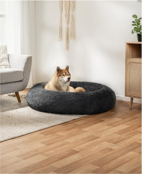 lionto Donutbed voor honden en katten, pluizig rond hondenbed voor kleine en grote huisdieren, (L) 60 cm , zacht kattenbed van knuffelpluche, hondenkussen met extra dikke vulling, lichtgrijs