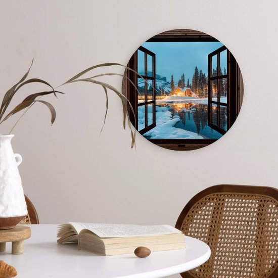 WallCircle® Wandcirkel 30x30 cm - Muurcirkel Doorkijk - Winter - Landschap - Natuur - Huis - Bergen - Muurdecoratie woonkamer - Wanddecoratie slaapkamer - Kamer decoratie accessoires - Ronde schilderijen