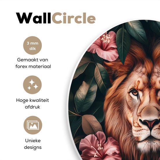 WallCircle - Cercle mural 120x120 - Lion - Fleurs roses - Feuilles - Botanique - Tableaux ronds salon - Plaque murale ronde - Cercle de Décoration murale - Décoration de chambre à l'intérieur - Cercle de Décoration murale - Accessoires de maison XXL