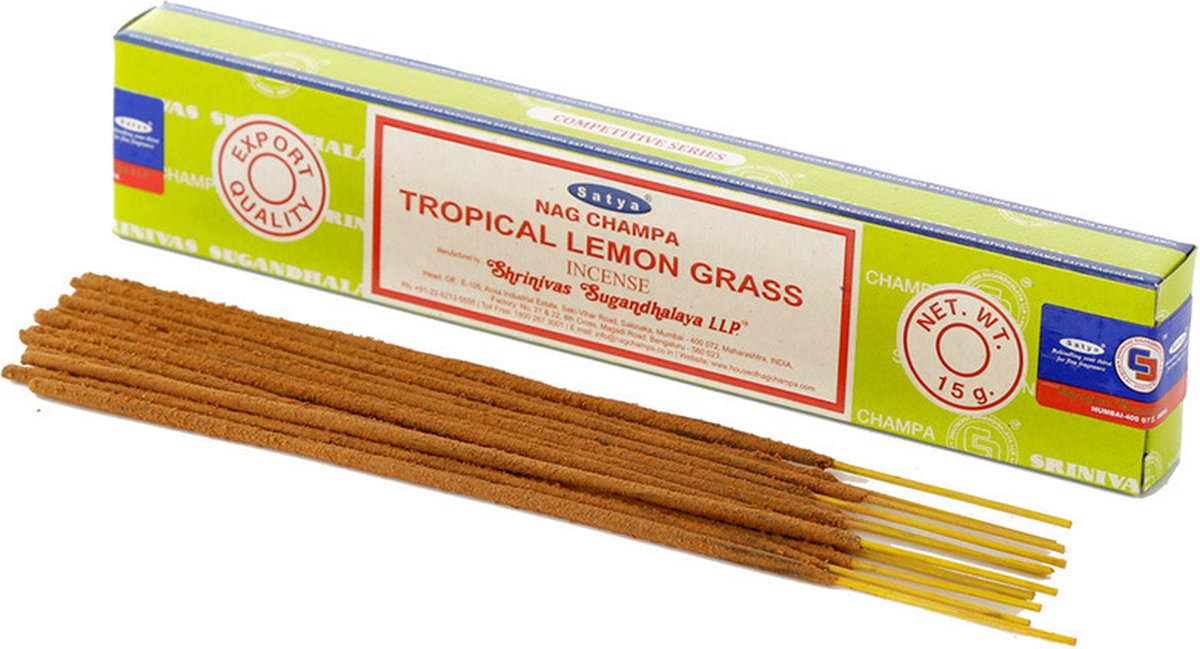 Satya Nag Champa wierrook stokjes tropisch citroengras geur - 15x - Lichaam in balans - Meditatie - staafjes van 21 cm - 30 minuten Multi