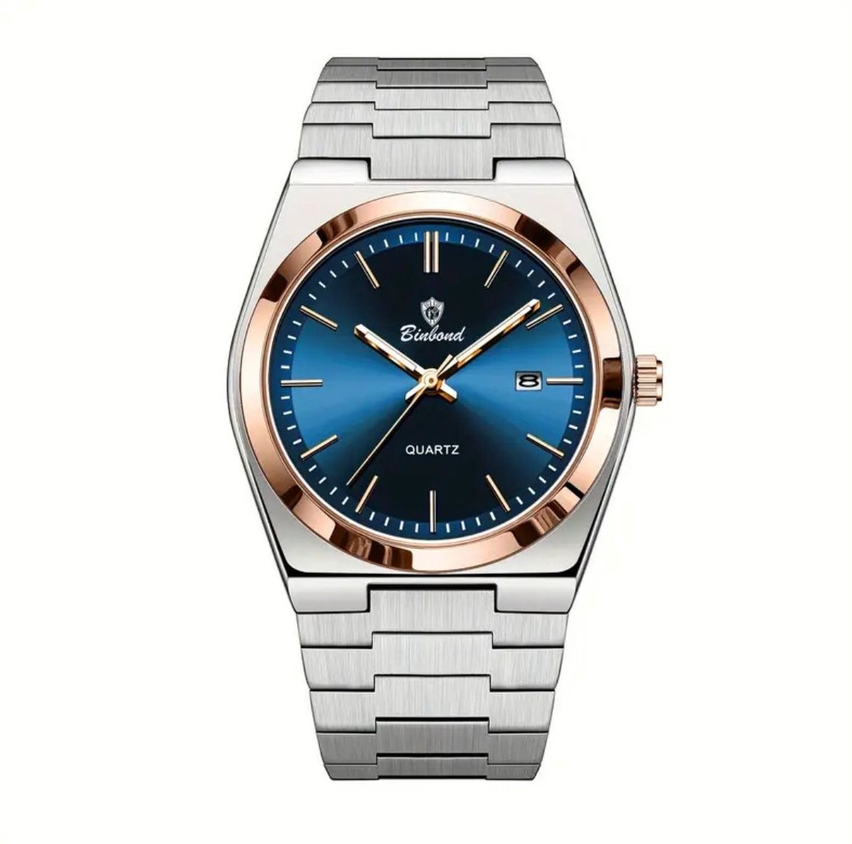 Binbond Luxe Herenhorloge - Mannen - Zilveren Polsband - Rosé en Blauw- Luxe Doos