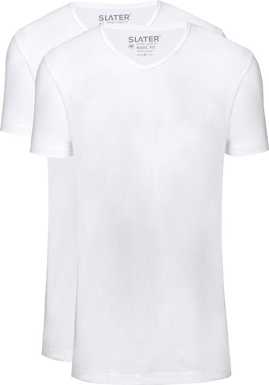Twee witte V-hals T-shirts met korte mouwen, basic fit, van Slater.