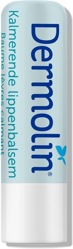 Dermolin kalmerende lippenbalsem. Blauwe verpakking met witte dop.