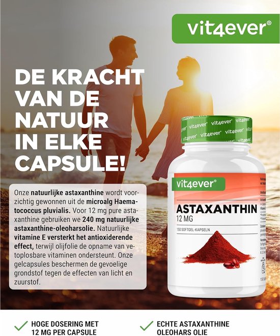 Vit4ever Astaxanthine 12 mg: 150 softgel capsules in een witte pot met oranje etiket. Rode astaxanthinepoeder en capsules.