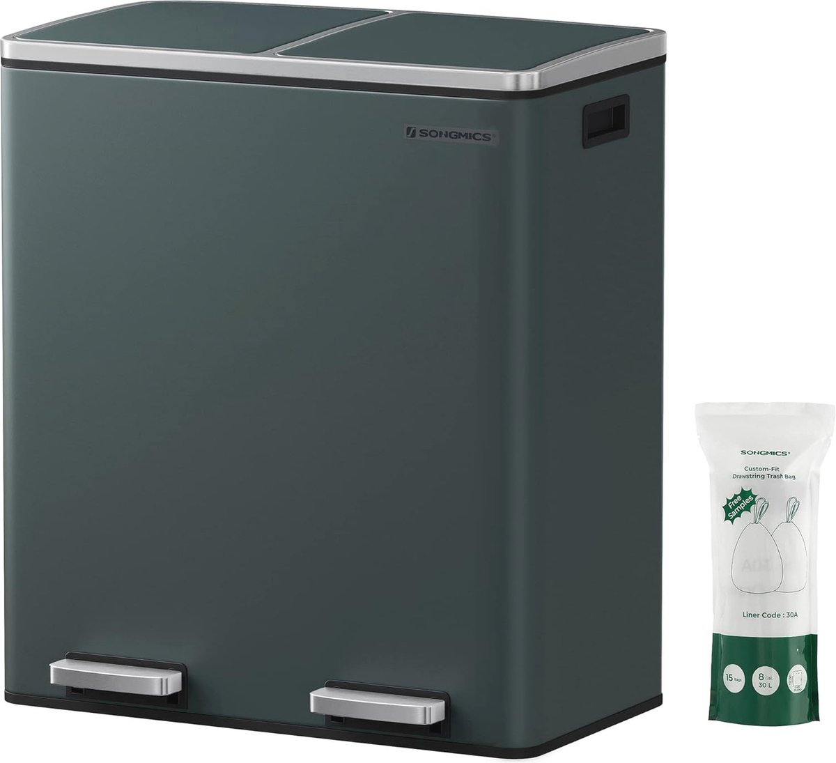 Goedkoopste Afvalbak Groengrijs - 2x30 Liter Pedaalemmer met Soft Close en Afvalscheidingssysteem