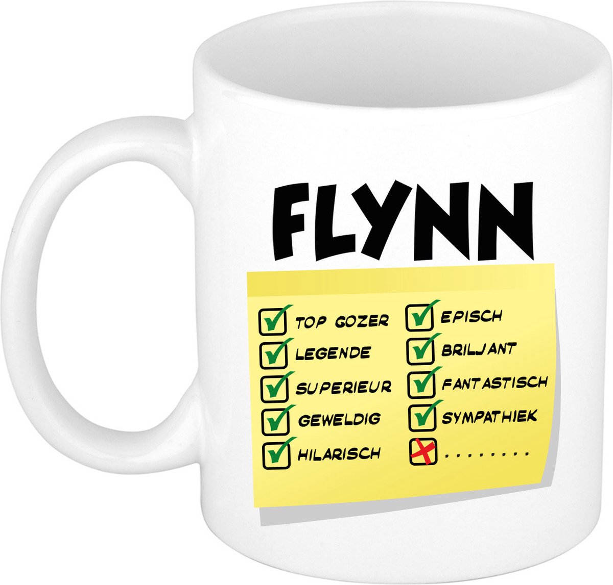 Bellatio Decorations Naam mok Flynn - wit - top gozer - keramiek - 300 ml - cadeau collega beker