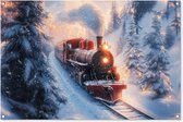 Tuinposter 120x80 cm - Tuindecoratie Kersttrein - Sneeuw - Winter - Kerst - Poster voor in de tuin - Buiten decoratie - Schutting tuinschilderij - Tuindoek muurdecoratie - Wanddecoratie balkondoek - Kerstversiering - Kerstdecoratie