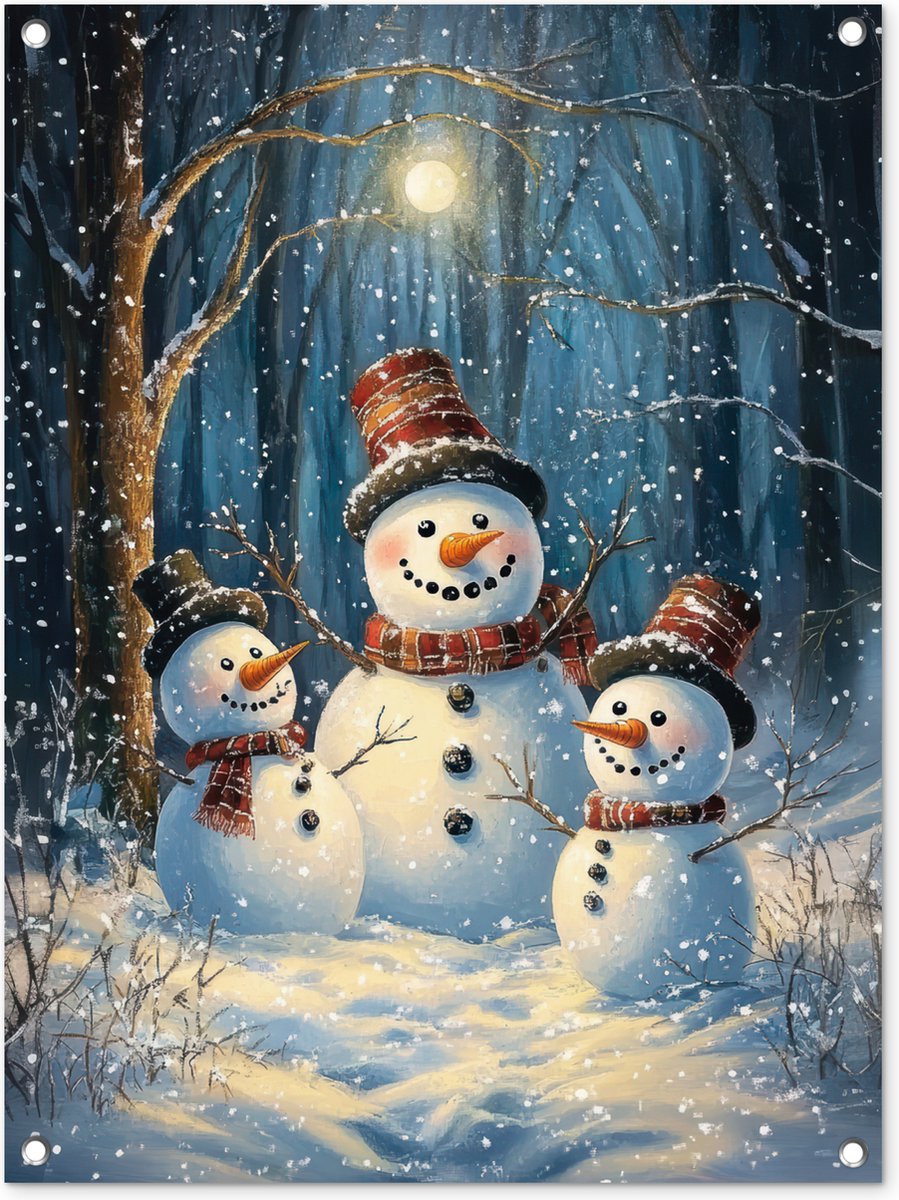 Tuinposter 60x80 cm - Tuindecoratie Sneeuwpop - Sneeuw - Winter - Bos - Poster voor in de tuin - Buiten decoratie - Schutting tuinschilderij - Tuindoek muurdecoratie - Wanddecoratie balkondoek - Kerstversiering - Kerstdecoratie
