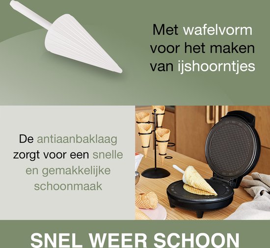 Zwart wafelijzer, inclusief ijshoornvorm en uitleg over antiaanbaklaag en gemakkelijke reiniging.