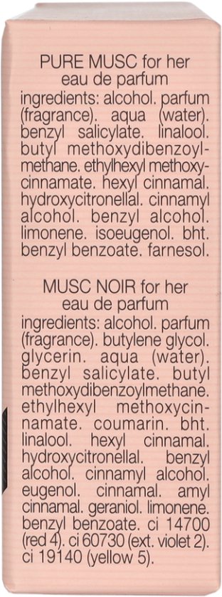 Ingrediëntenlijst voor Narciso Rodriguez Pure Musc en Musc Noir for her eau de parfum.