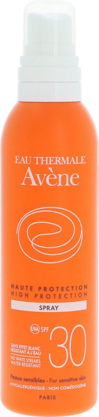 Oranje Avène spuitfles met 'HAUTE PROTECTION HIGH PROTECTION' en SPF 30.