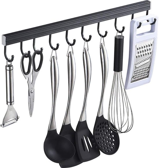 FuninCrea Keukenrail met haken, 30 cm aluminium keukenreling met 5 beweegbare haken, wandmontagestang voor keukengerei, multifunctionele ophangrail voor lepels, vorken, handdoeken (zwart