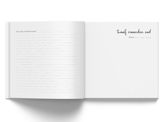 Boek met tekst 'twaalf maanden oud' en een lijst om in te vullen, met stippen decoratie.