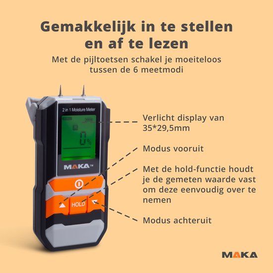 Zwarte en grijze vochtmeter met oranje knoppen, met de twee meetpennen bovenop. Display toont 0%.