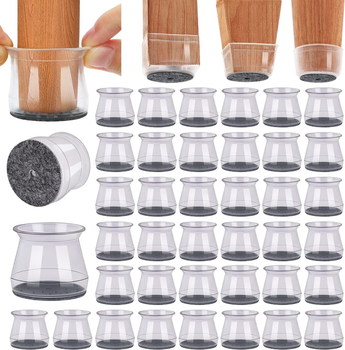 40 stuks - Stoelpoot Doppen - 15 - 21mm - Rond - Met Anti-Kras Vilt - Siliconen - Stoelpoot beschermers - Vloerbescherming - Stoelpootbeschermers - Transparante - Universele