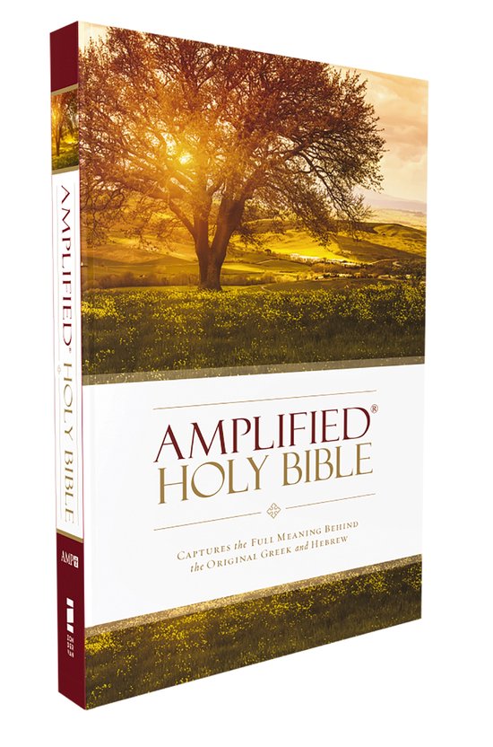 De Amplified Holy Bible met een gouden opdruk op een witte achtergrond. De omslag toont een boom in een zonnig veld.