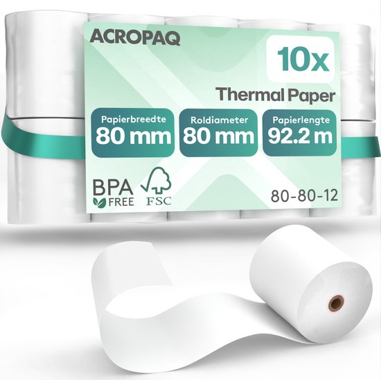 Verpakking van 10 witte thermische papierrollen van ACROPAQ, 80mm breed, 80mm diameter, 92,2m.