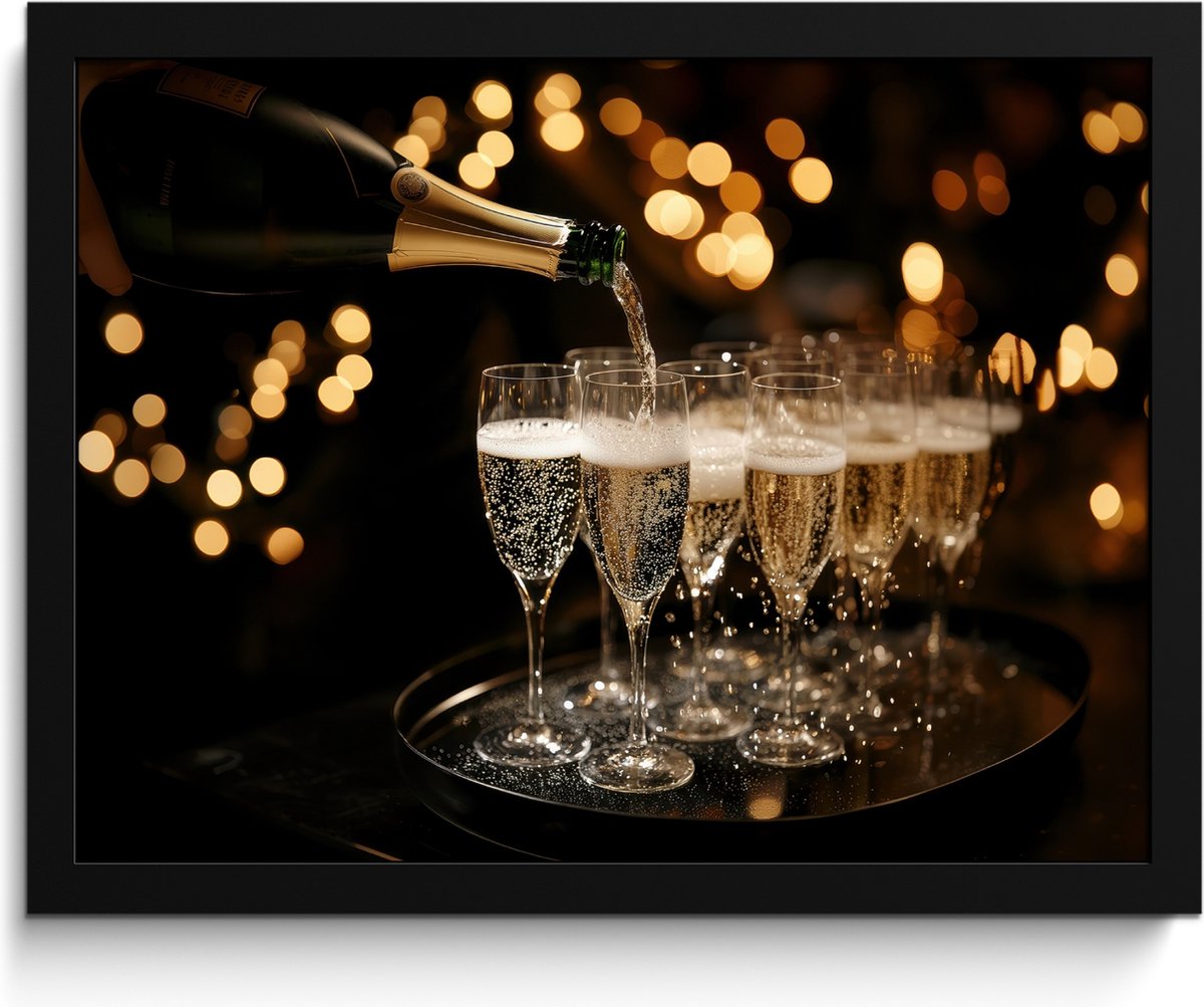 FrameYourWall Fotolijst inclusief poster - Posterlijst 40x30 cm - Posters - Lichtjes - Champagne - Dienblad - Glazen - Foto in lijst - Keuken decoratie muur - Wanddecoratie accessoires - Muurdecoratie - Schilderijen Champagne - Glazen