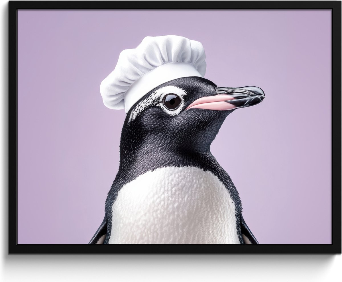 FrameYourWall Fotolijst inclusief poster - Posterlijst 80x60 cm - Posters - Pinguïn - Koksmuts - Lief - Paars - Foto in lijst - Keuken decoratie muur - Wanddecoratie accessoires - Muurdecoratie - Schilderijen Koksmuts - Pinguïn
