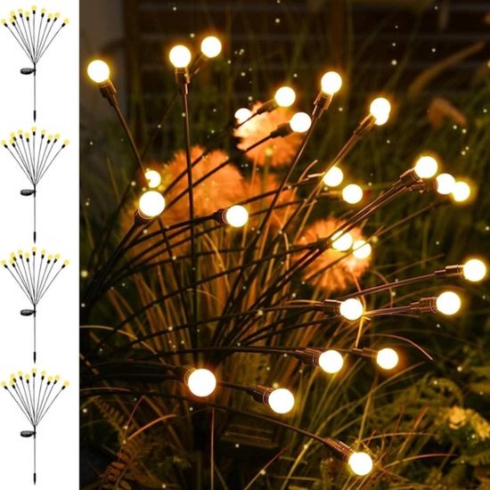 4 stuks Firefly tuinverlichting op zonne-energie, waterdicht, 8 leds, gloeiwormen, slinger, tuinkunst, feeënverlichting voor pad, balkon, tuin, patio, tuin, decoratief, warm wit