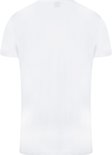 Achterkant van een effen wit t-shirt met korte mouwen.