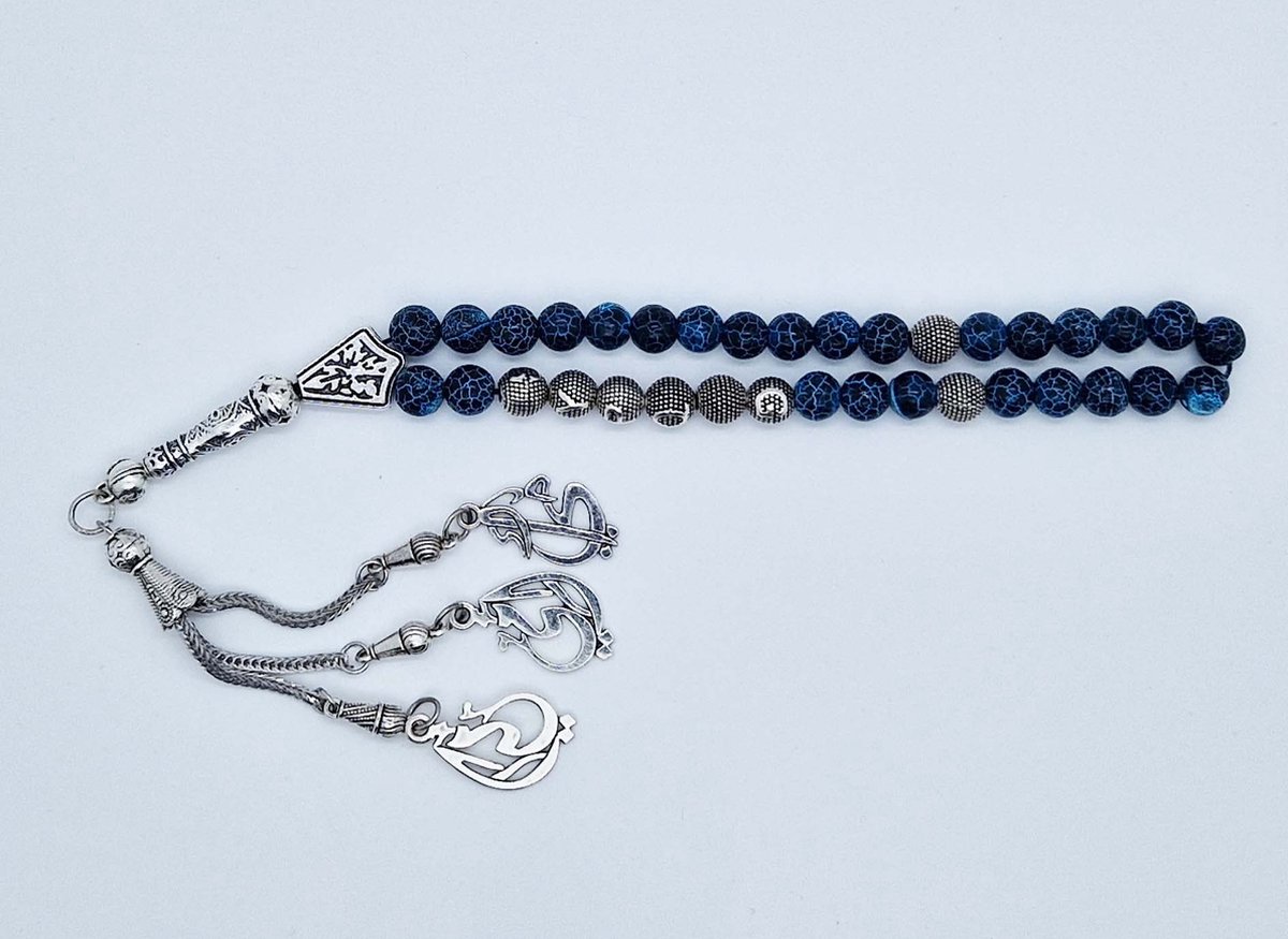 Handgemaakte naam tasbih 33 Kralen Natuursteen “Blauwe harmonie” - met metaal tassel “Mijn moeder"- Met je naam of de naam van uw geliefde- 8 mm diameter van de korrel