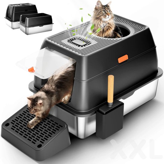 BingoPaw Roestvrijstalen Kattenbak Met Deksel – XXL Gesloten Model, Dubbele Toegang, Hoog Randje, Lekvrij, Grijs – Geschikt Tot 10 Kg