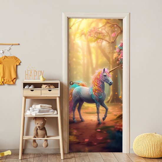 Affiche de porte 85x205 cm - Sticker porte Licorne - Forêt - Coloré - Fleurs - Meiden - Film meuble autocollant - Film porte chambre ado - Film intérieur chambre enfant - Film adhésif porte - Sticker papier peint porte - Décoration chambre ados