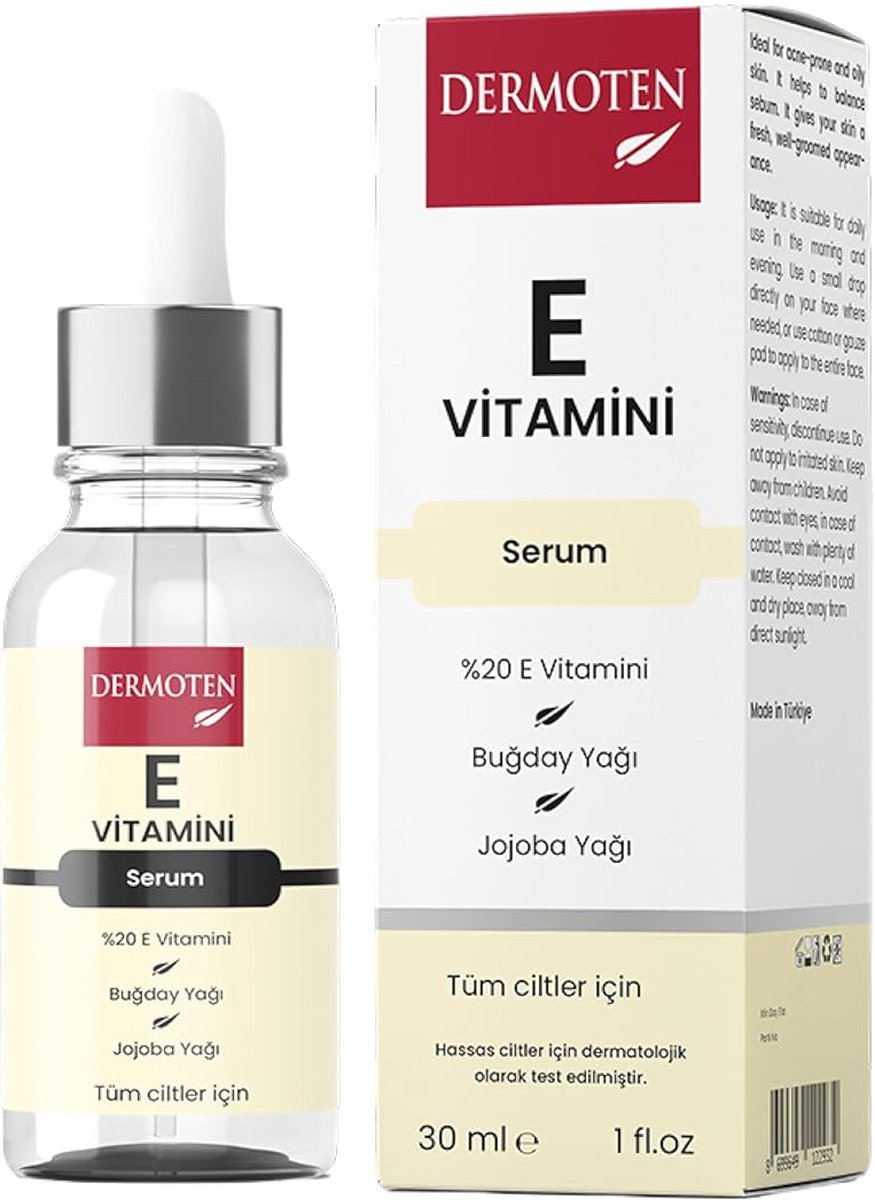 Goedkoopste DERMOTEN Vitamine E Serum Huidverzorging 30 ml, Krachtige antioxidant voor een jonge huid en bescherming tegen beschadiging, Vitamine E voor gezicht, hals en haar, Hydraterend en voedend serum