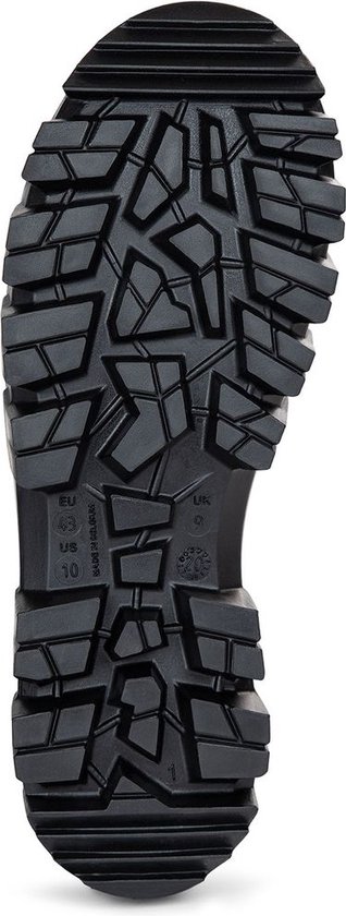 Zool van een groene Bekina werklaars met diep profiel voor maximale grip, maten EU 43, US 10, UK 9.