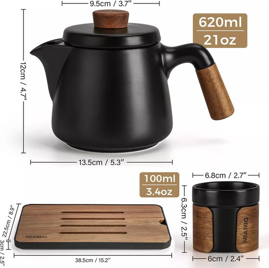 MiaMio Service à Thé Japonais Unique - Théière + 6 tasses + plateau - Zwart