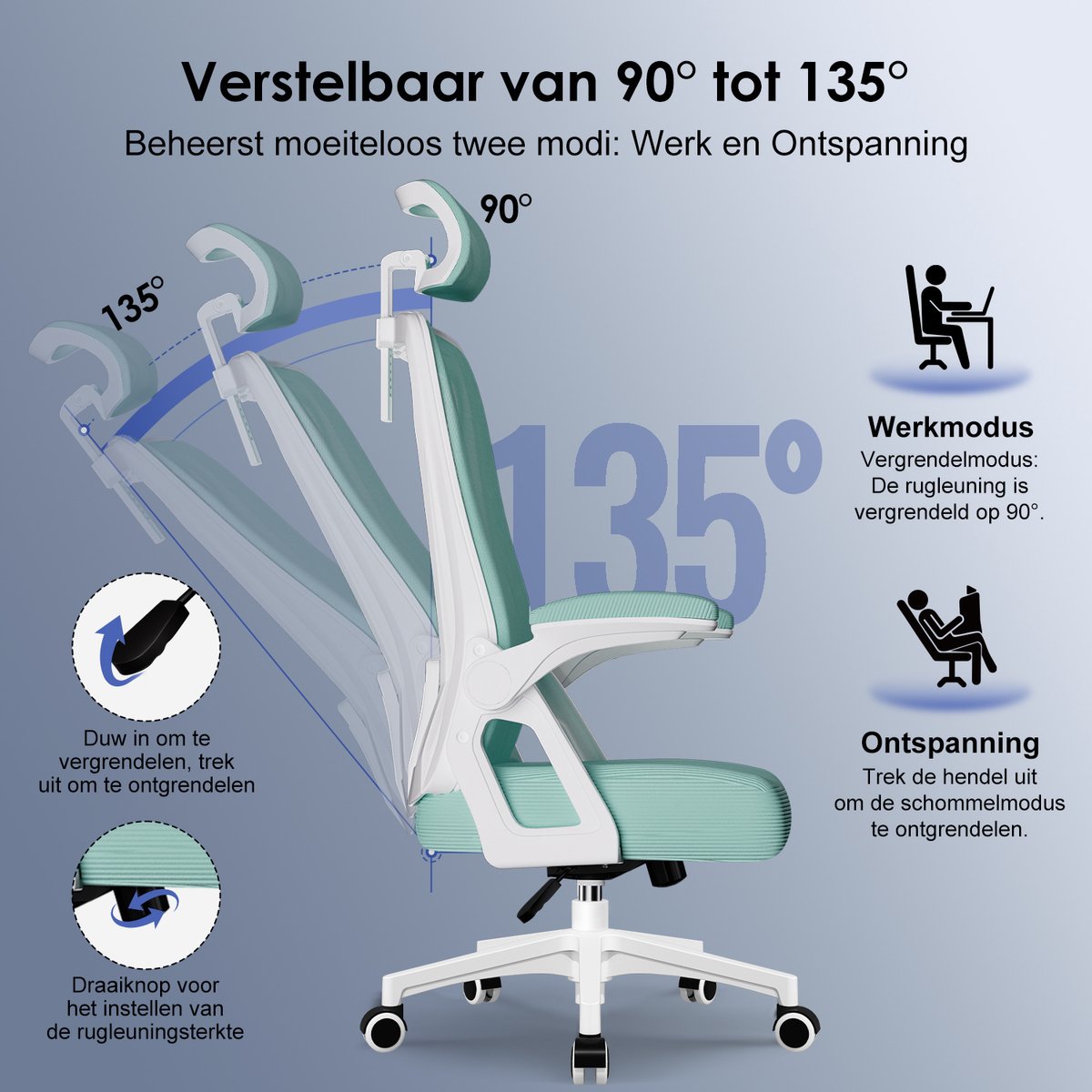 Hiaonyx bureaustoel-ergonomische bureaustoel-bureaustoelen voor volwassenenOpklapbare armleuningen-2D lendensteun-Maximale kanteling 135°-Wit Cyaan thumbnail 4
